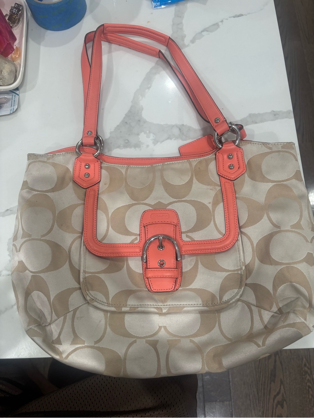 Vintage Coach Signature Canvas Tote with Coral Trim